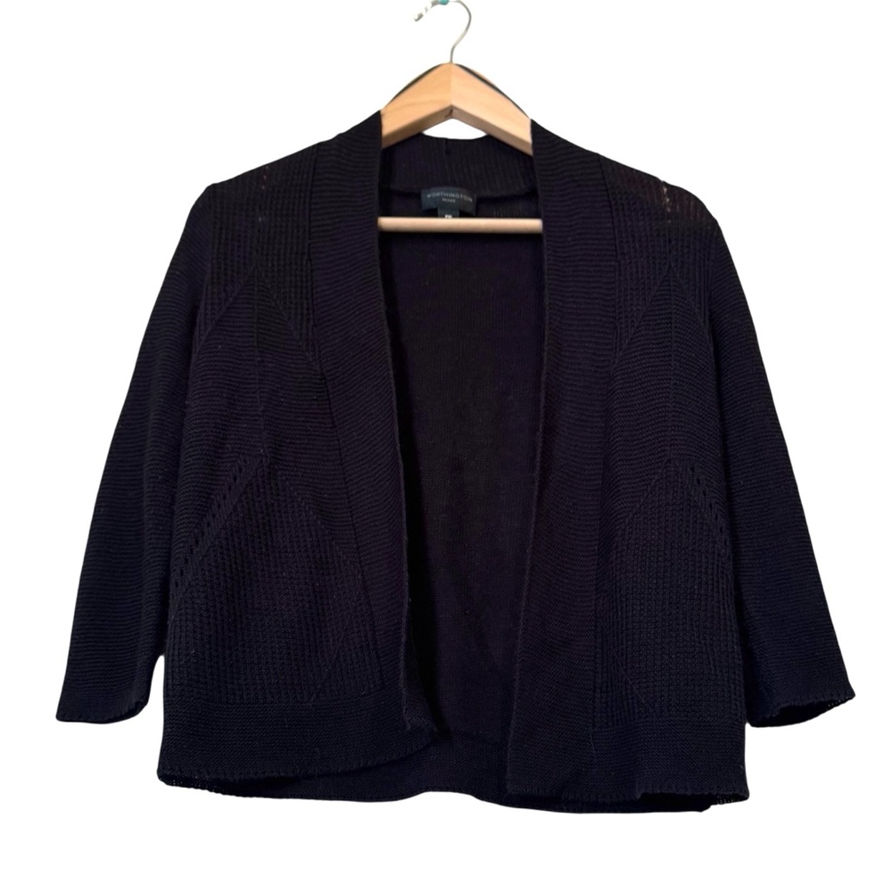 Worthington Women's Black Short Cardigan Sweater. Knitted Design.
